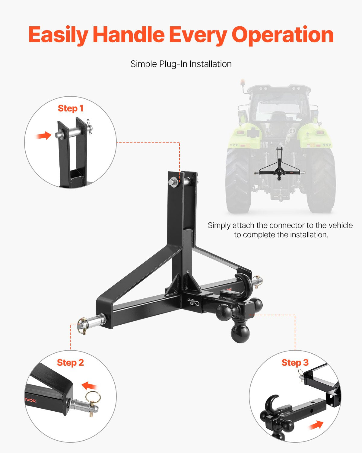 VEVOR 3 Point Trailer Hitch with 2 in Receiver, 3pt Quick Hitch Attachment, Heavy Duty Tractor Tow Drawbar Adapter, Compatible with Kubota, Mahindra, Ford, Yanmar, John Deere, Massey Ferguson - ASJXJSQDKSXTJ54AM001V0 - view 7