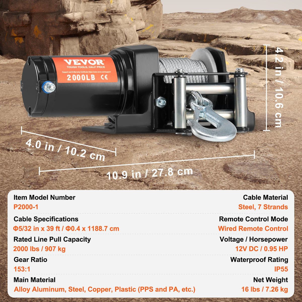 VEVOR Electric Winch, 2000 lb Line Pull Capacity, 12V DC ATV/UTV Winch with Φ5/32 in x 39 ft 7 Strands Steel Cable Roller Fairlead Wired Remote Control, IP55 Waterproof for Towing UTV ATV Off-Road - ATVGSSJP2000PXII1V9 - view 8