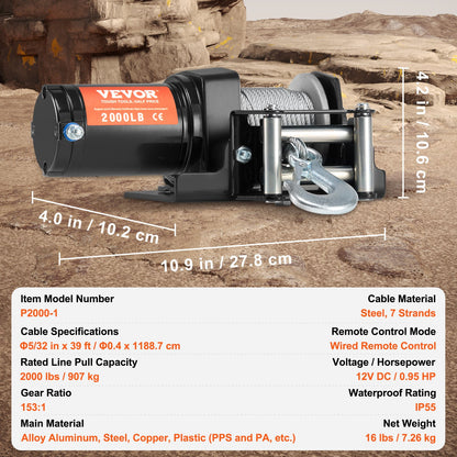 VEVOR Electric Winch, 2000 lb Line Pull Capacity, 12V DC ATV/UTV Winch with Φ5/32 in x 39 ft 7 Strands Steel Cable Roller Fairlead Wired Remote Control, IP55 Waterproof for Towing UTV ATV Off-Road - ATVGSSJP2000PXII1V9 - view 8