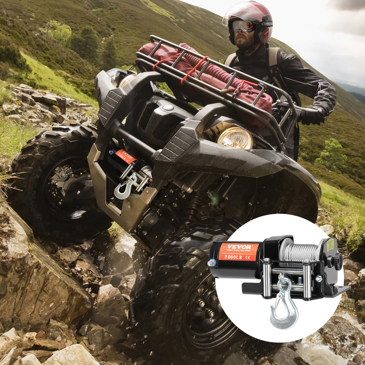 VEVOR Electric Winch, 2000 lb Line Pull Capacity, 12V DC ATV/UTV Winch with Φ5/32 in x 39 ft 7 Strands Steel Cable Roller Fairlead Wired Remote Control, IP55 Waterproof for Towing UTV ATV Off-Road - ATVGSSJP2000PXII1V9 - view 9