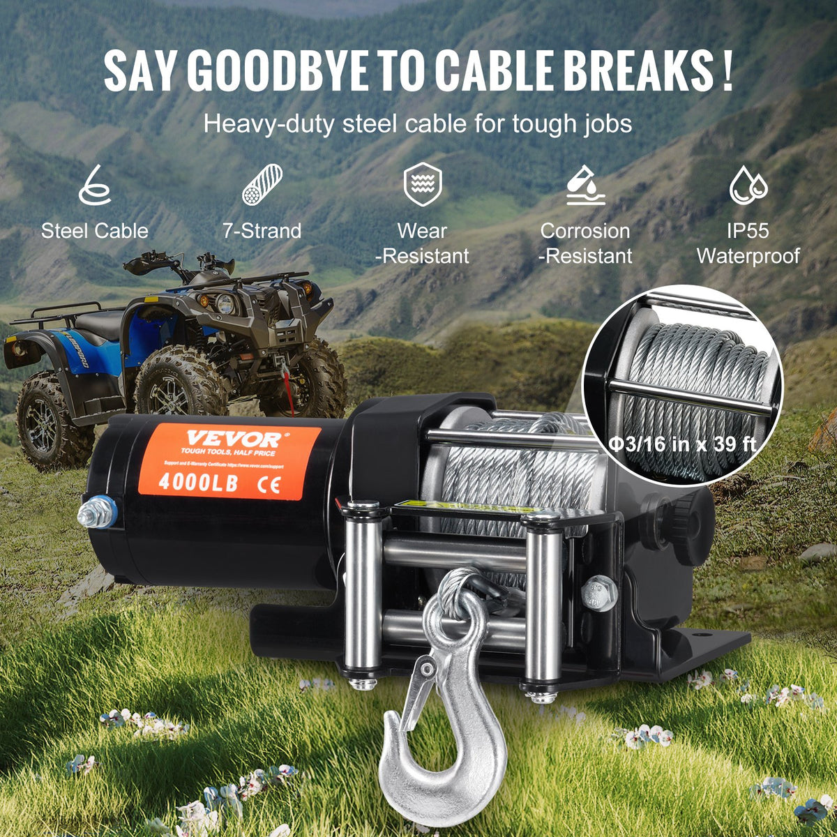 VEVOR Electric Winch, 4000 lb Line Pull Capacity, 12V DC ATV/UTV Winch with Φ3/16 in x 39 ft 7 Strands Steel Cable Roller Fairlead Wireless & Wired Remote Control, IP55 Waterproof for Towing UTV ATV - ATVGSSJPYXWXEJRPBV9 - view 5
