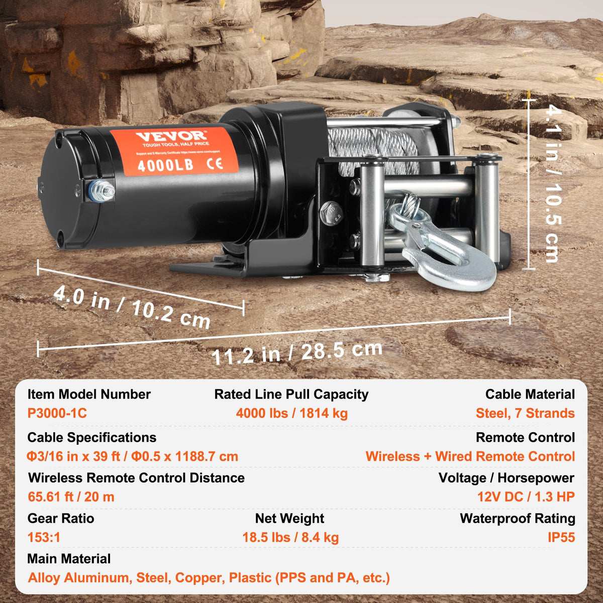 VEVOR Electric Winch, 4000 lb Line Pull Capacity, 12V DC ATV/UTV Winch with Φ3/16 in x 39 ft 7 Strands Steel Cable Roller Fairlead Wireless & Wired Remote Control, IP55 Waterproof for Towing UTV ATV - ATVGSSJPYXWXEJRPBV9 - view 8