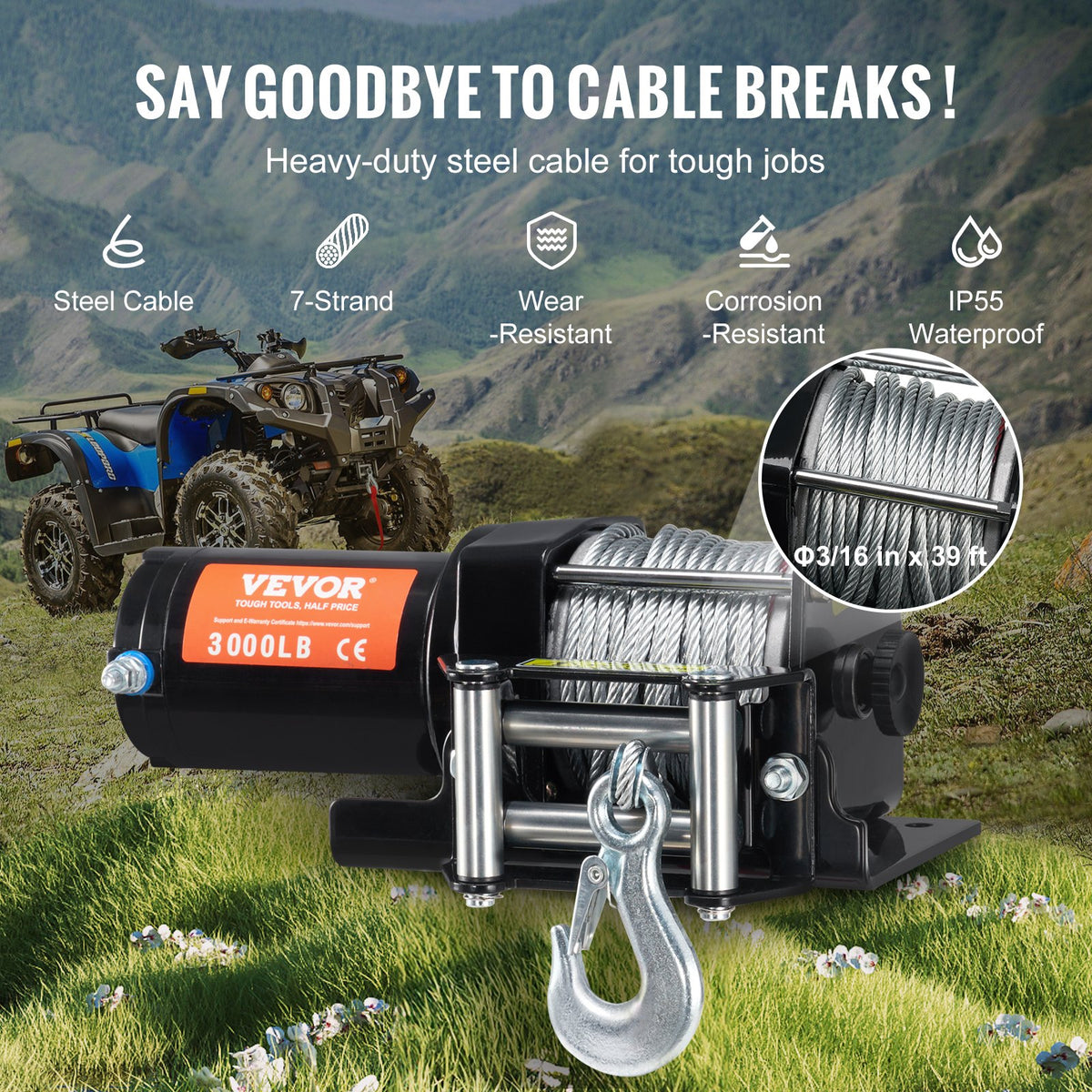 VEVOR Electric Winch, 3000 lb Line Pull Capacity, 12V DC ATV/UTV Winch with Φ3/16 in x 39 ft 7 Strands Steel Cable Roller Fairlead Wired Remote Control, IP55 Waterproof for Towing UTV ATV Off-Road - ATVGSSJPYXYK43JX7V9 - view 5