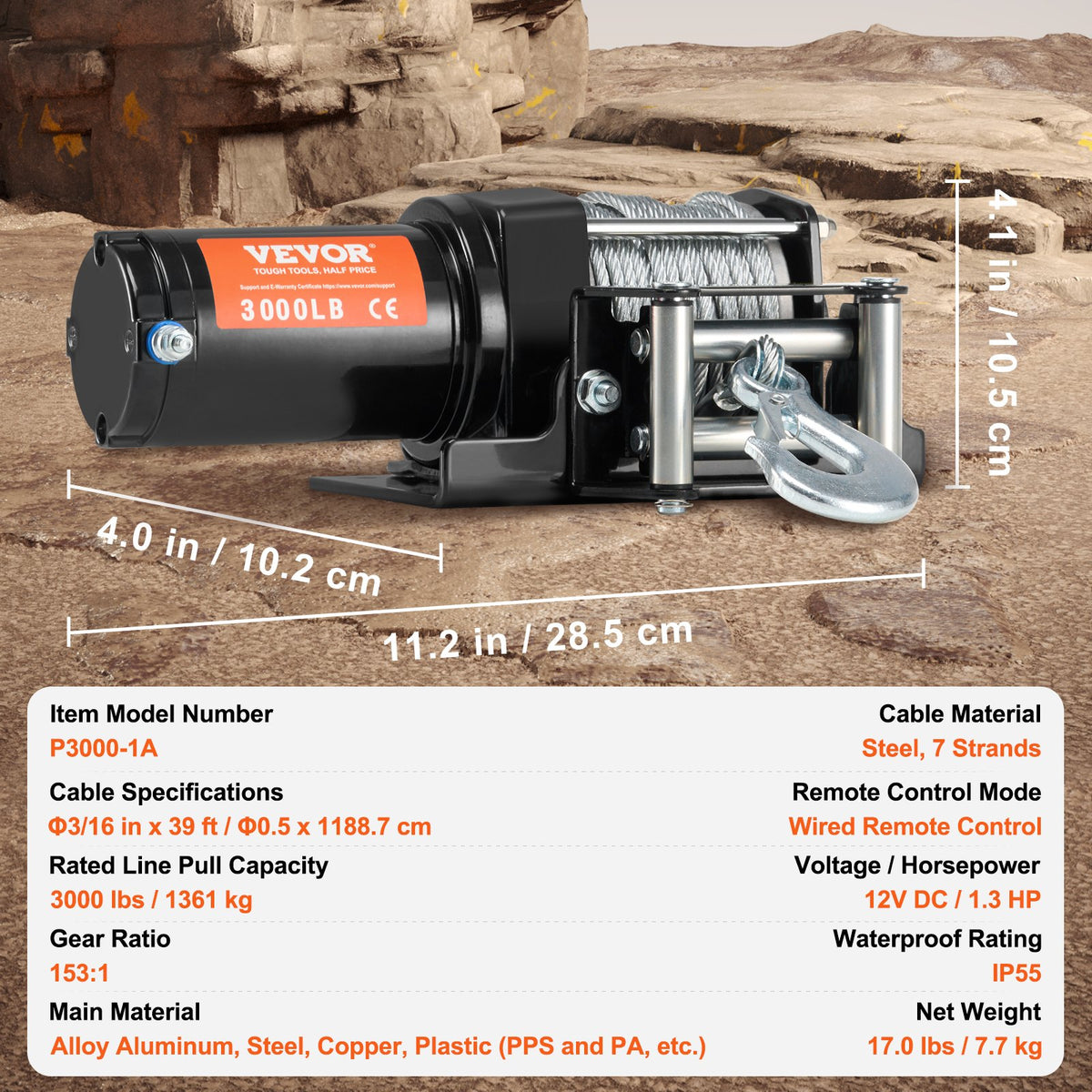 VEVOR Electric Winch, 3000 lb Line Pull Capacity, 12V DC ATV/UTV Winch with Φ3/16 in x 39 ft 7 Strands Steel Cable Roller Fairlead Wired Remote Control, IP55 Waterproof for Towing UTV ATV Off-Road - ATVGSSJPYXYK43JX7V9 - view 8