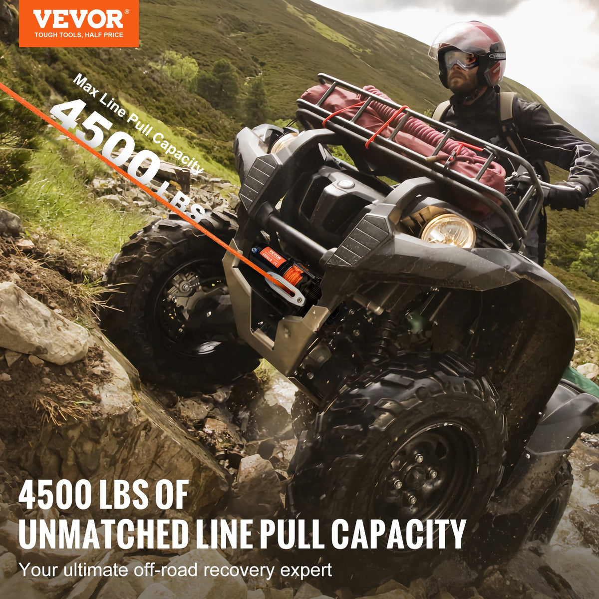 VEVOR Electric Winch, 4500 lb Line Pull Capacity, 12V DC ATV/UTV Winch with Φ1/4 in x 39 ft 12 Strands Synthetic Rope Aluminum Fairlead Wireless & Wired Remote Control, IP55 Waterproof for UTV ATV - ATVHCSJPYXWXMCF1OV9 - view 3
