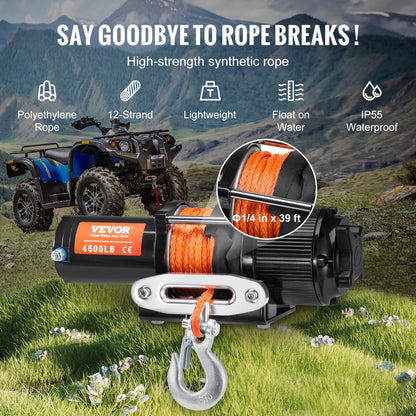 VEVOR Electric Winch, 4500 lb Line Pull Capacity, 12V DC ATV/UTV Winch with Φ1/4 in x 39 ft 12 Strands Synthetic Rope Aluminum Fairlead Wireless & Wired Remote Control, IP55 Waterproof for UTV ATV - ATVHCSJPYXWXMCF1OV9 - view 5