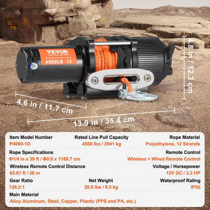 VEVOR Electric Winch, 4500 lb Line Pull Capacity, 12V DC ATV/UTV Winch with Φ1/4 in x 39 ft 12 Strands Synthetic Rope Aluminum Fairlead Wireless & Wired Remote Control, IP55 Waterproof for UTV ATV - ATVHCSJPYXWXMCF1OV9 - view 8