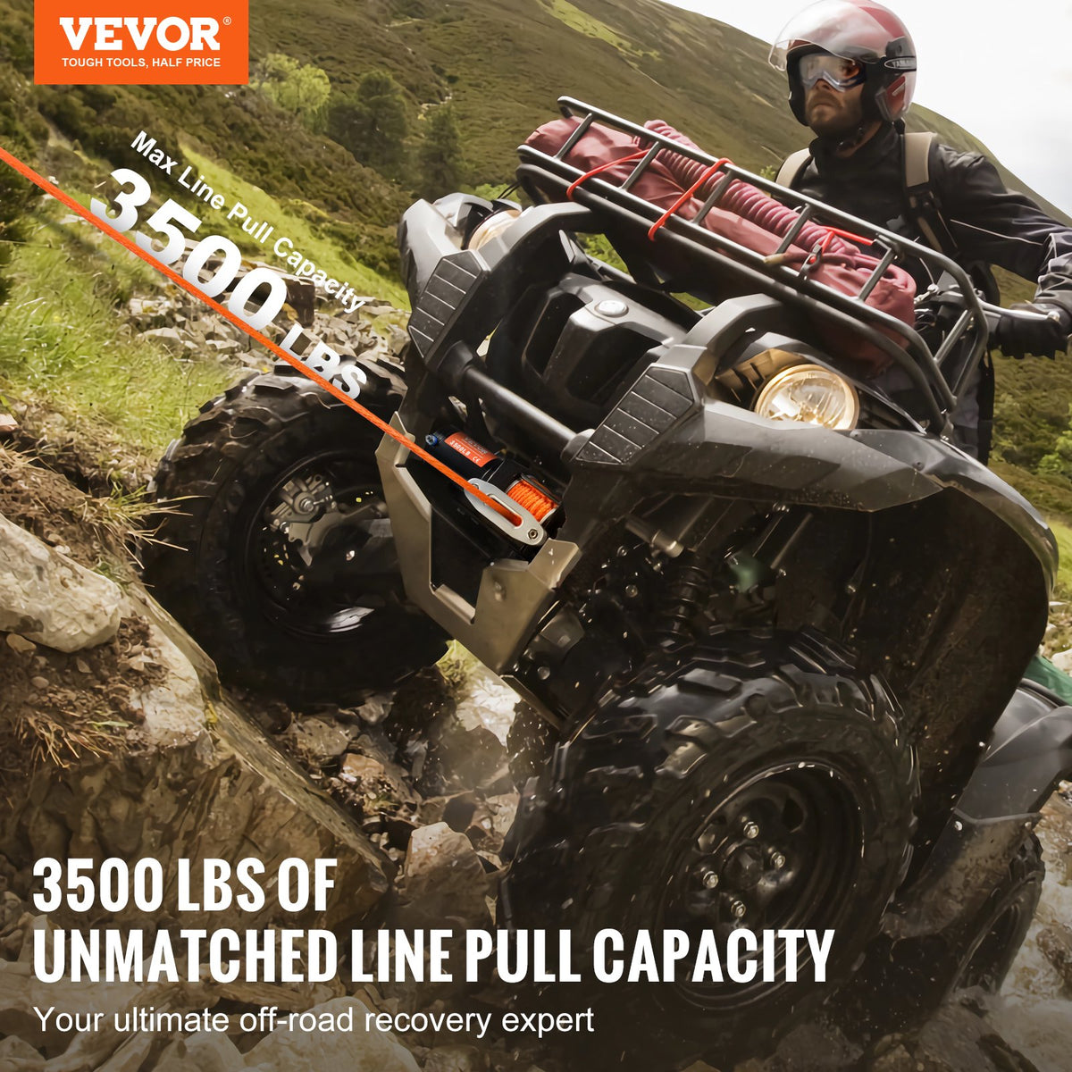 VEVOR Electric Winch, 3500 lb Line Pull Capacity, 12V DC ATV/UTV Winch with Φ3/16 in x 39 ft 12 Strands Synthetic Rope Aluminum Fairlead Wired Remote Control, IP55 Waterproof for Towing UTV ATV Boat - ATVHCSJPYXYKT38ASV9 - view 3