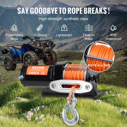 VEVOR Electric Winch, 3500 lb Line Pull Capacity, 12V DC ATV/UTV Winch with Φ3/16 in x 39 ft 12 Strands Synthetic Rope Aluminum Fairlead Wired Remote Control, IP55 Waterproof for Towing UTV ATV Boat - ATVHCSJPYXYKT38ASV9 - view 5