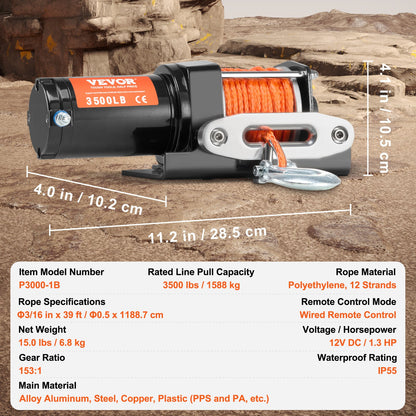 VEVOR Electric Winch, 3500 lb Line Pull Capacity, 12V DC ATV/UTV Winch with Φ3/16 in x 39 ft 12 Strands Synthetic Rope Aluminum Fairlead Wired Remote Control, IP55 Waterproof for Towing UTV ATV Boat - ATVHCSJPYXYKT38ASV9 - view 8