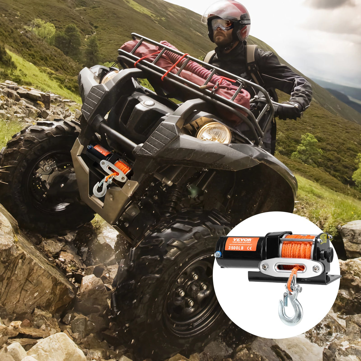 VEVOR Electric Winch, 3500 lb Line Pull Capacity, 12V DC ATV/UTV Winch with Φ3/16 in x 39 ft 12 Strands Synthetic Rope Aluminum Fairlead Wired Remote Control, IP55 Waterproof for Towing UTV ATV Boat - ATVHCSJPYXYKT38ASV9 - view 9