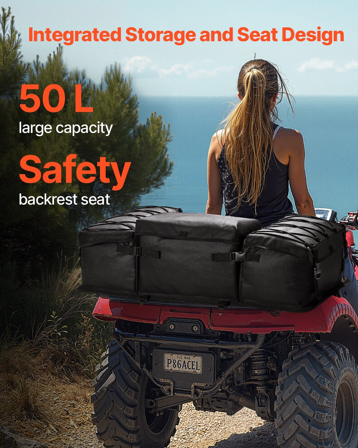 VEVOR ATV Rear Storage Bag, 50L ATV Rear Cargo Bag with Sponge Seat Cushion & Bottle Holder, 600D Oxford Cloth Rear Seat Gear Bag Fit Most ATVs with Rear Rack, Compatible with ATV, UTV, Can-Am Vehicle - ATVZBBRZDLBMNUTFBV0 - view 3