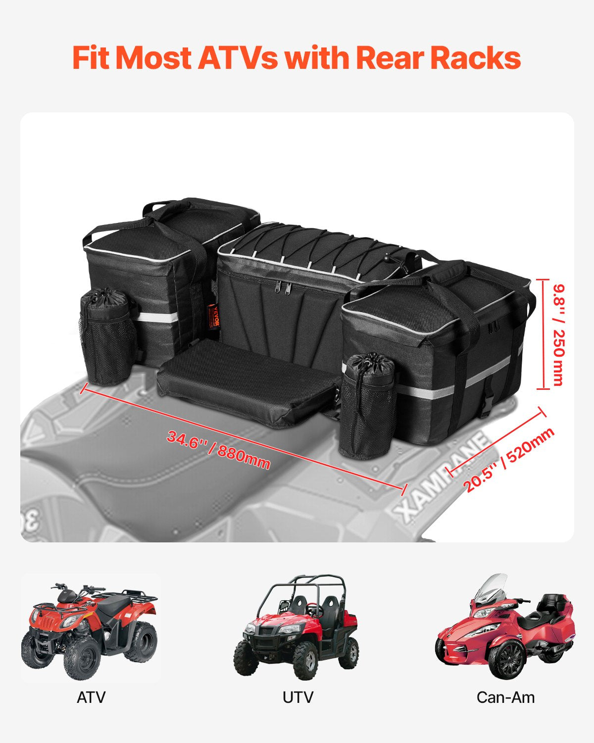 VEVOR ATV Rear Storage Bag, 54L ATV Rear Cargo Bag with 16L Cooler Insulated Bag, 600D Oxford Cloth Storage Rear Rack Seat Bag Fit Most ATVs with Rear Rack, Compatible with ATV, UTV, Can-Am Vehicles - ATVZBBRZNJBB89GBJV0 - view 4