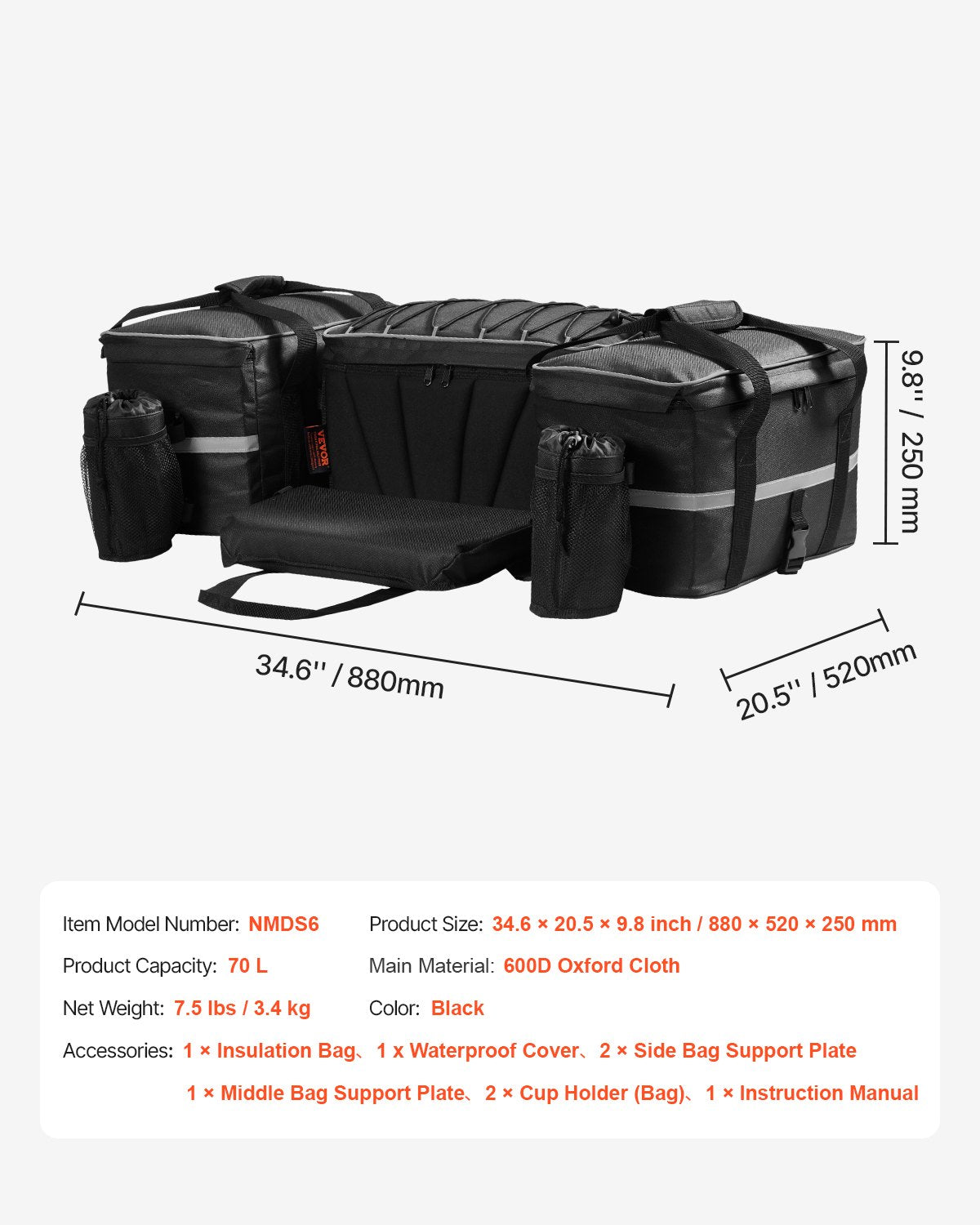 VEVOR ATV Rear Storage Bag, 54L ATV Rear Cargo Bag with 16L Cooler Insulated Bag, 600D Oxford Cloth Storage Rear Rack Seat Bag Fit Most ATVs with Rear Rack, Compatible with ATV, UTV, Can-Am Vehicles - ATVZBBRZNJBB89GBJV0 - view 8