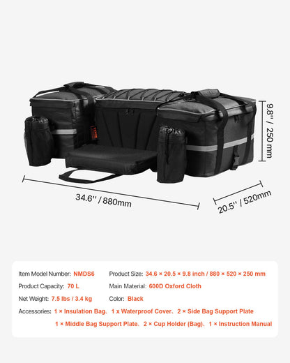 VEVOR ATV Rear Storage Bag, 54L ATV Rear Cargo Bag with 16L Cooler Insulated Bag, 600D Oxford Cloth Storage Rear Rack Seat Bag Fit Most ATVs with Rear Rack, Compatible with ATV, UTV, Can-Am Vehicles - ATVZBBRZNJBB89GBJV0 - view 8