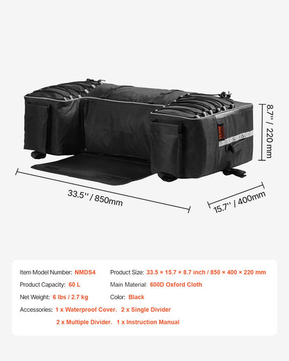 VEVOR ATV Rear Storage Bag, 60L ATV Rear Cargo Storage Bag with Backrest & Waterproof Cover, 600D Oxford Cloth Rear Seat Gear Bag Fit Most ATVs with Rear Rack, Compatible with ATV, UTV, Can-Am Vehicle - ATVZBBRZNL74NVXW7V0 - view 8