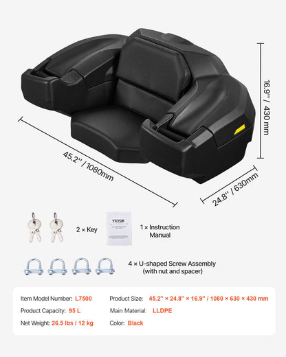 VEVOR ATV Rear Storage Box and Lounger, 95L ATV Cargo Box with Seat & Backrest, Waterproof LLDPE & Lockable Lounger Storage Box Fit Most ATVs with Rear Rack, Compatible with ATV, UTV, Can-Am Vehicles - ATVZBBYZJYX7J23YQV0 - view 8
