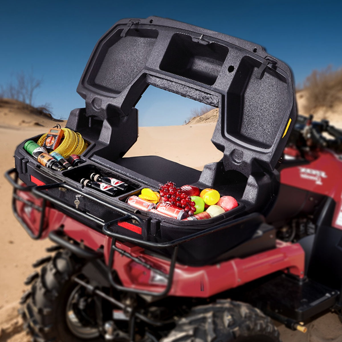 VEVOR ATV Rear Storage Box and Lounger, 95L ATV Cargo Box with Seat & Backrest, Waterproof LLDPE & Lockable Lounger Storage Box Fit Most ATVs with Rear Rack, Compatible with ATV, UTV, Can-Am Vehicles - ATVZBBYZJYX7J23YQV0 - view 9