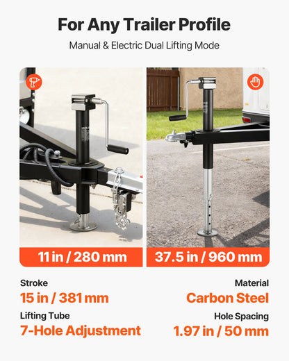 VEVOR 5000 lbs A-Frame Trailer Jack, 15-Inch Vertical Travel, Trailer Lift Jack with Adjustable 7-Level Drop Leg & Drill Socket, Cordless Drill Compatible, Suitable for RV, Utility, Yacht Trailers - AXLSTCQJDSYKA13UA001V0 - view 4