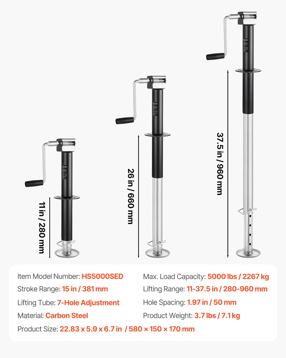 VEVOR 5000 lbs A-Frame Trailer Jack, 15-Inch Vertical Travel, Trailer Lift Jack with Adjustable 7-Level Drop Leg & Drill Socket, Cordless Drill Compatible, Suitable for RV, Utility, Yacht Trailers - AXLSTCQJDSYKA13UA001V0 - view 8