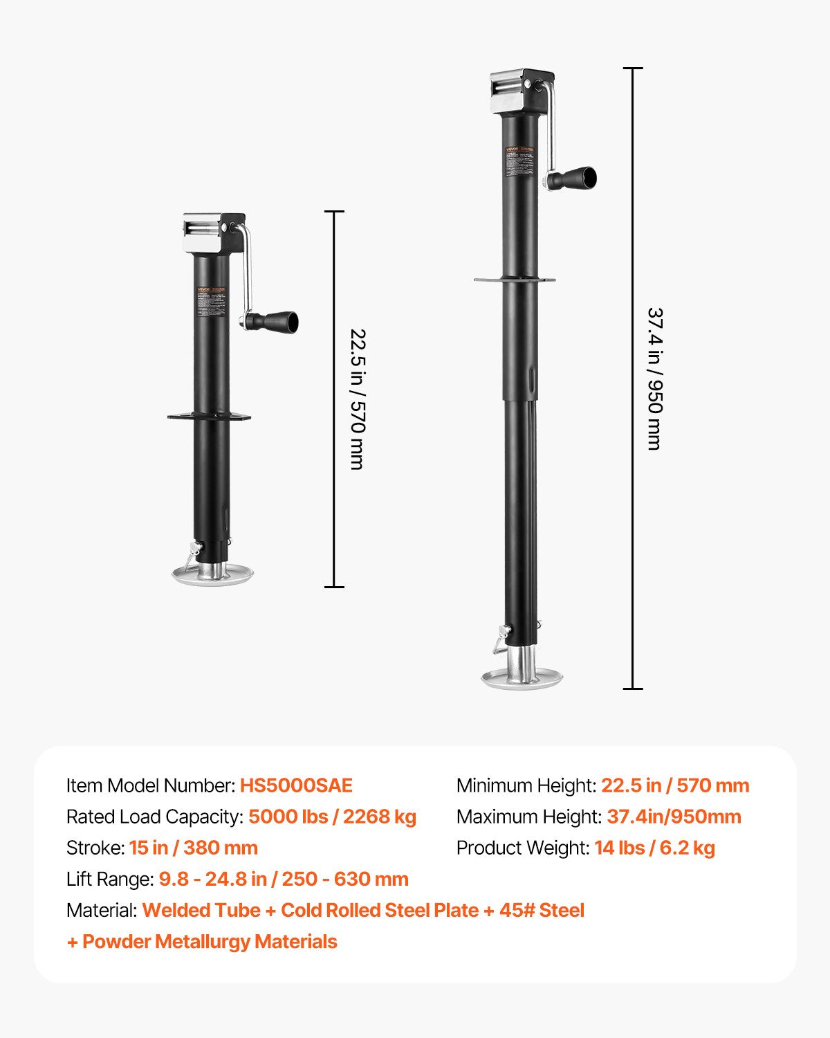 VEVOR A-Frame Trailer Jack, 5000 lbs Dynamic Load Capacity, Trailer Jack Stand with Handle & Rectangular Footpad, 15-inch Vertical Travel, Suitable for RV, Horse, Utility Trailers, Yacht Trailers - AXLSTCQJDSYKAZ99C001V0 - view 8