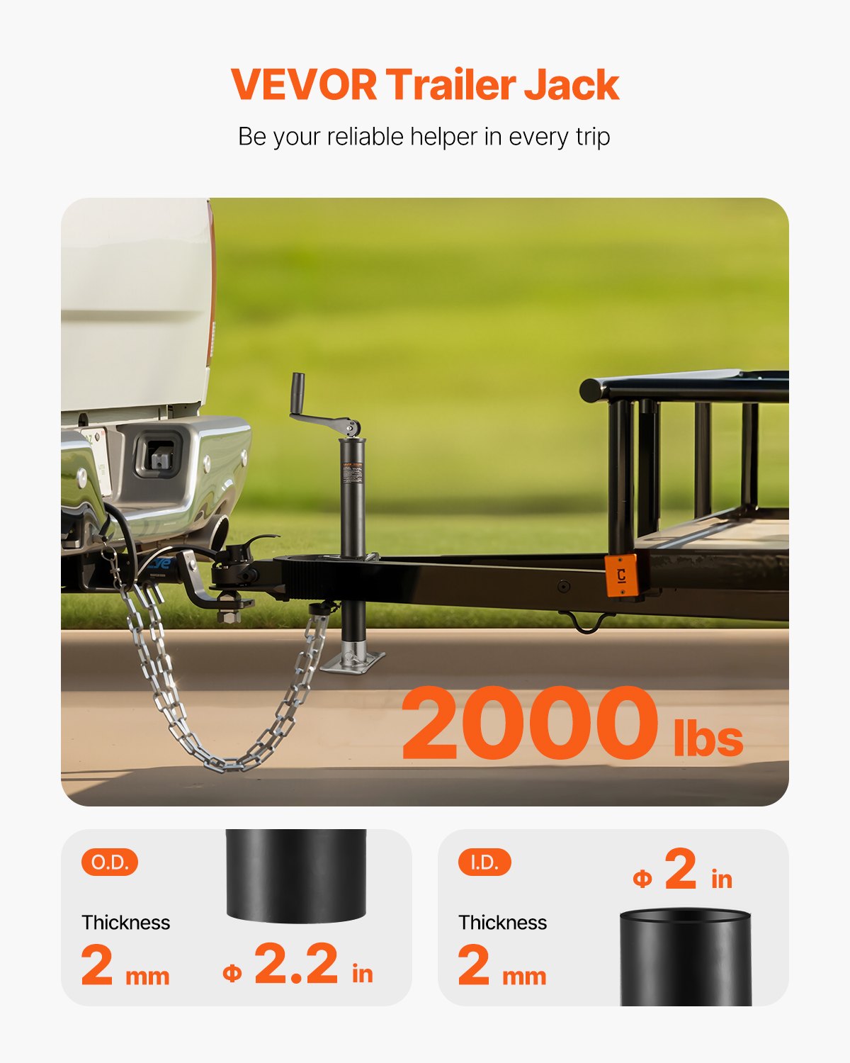 VEVOR A-Frame Trailer Jack, 2000 lbs Dynamic Load Capacity, Trailer Jack Stand with Handle & Rectangular Footpad, 15-inch Vertical Travel, Suitable for RV, Horse, Utility Trailers, Yacht Trailers - AXLSTCQJDSYKZVW33001V0 - view 3