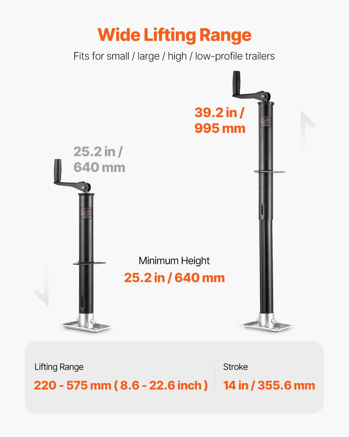 VEVOR A-Frame Trailer Jack, 2000 lbs Dynamic Load Capacity, Trailer Jack Stand with Handle & Rectangular Footpad, 15-inch Vertical Travel, Suitable for RV, Horse, Utility Trailers, Yacht Trailers - AXLSTCQJDSYKZVW33001V0 - view 6