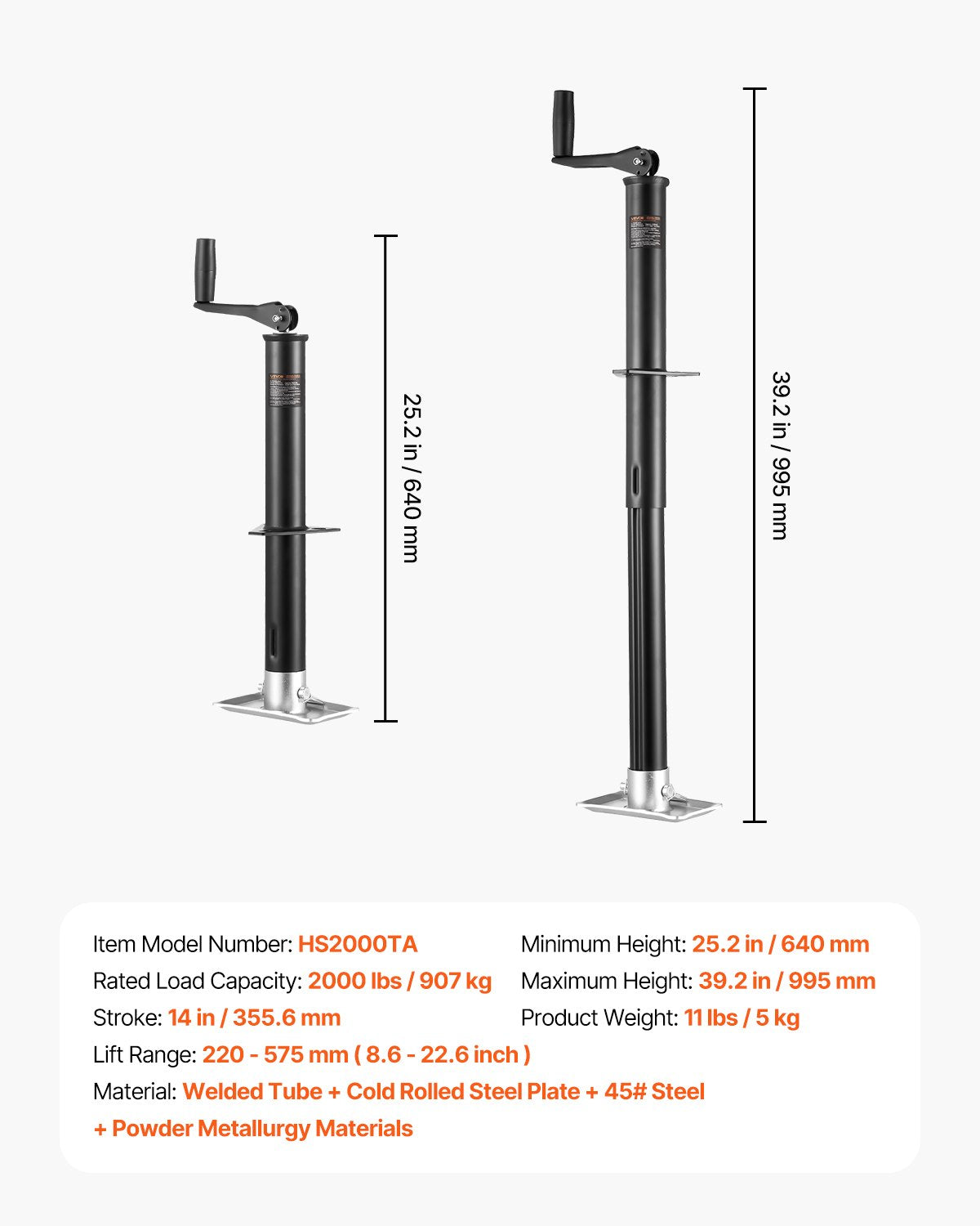 VEVOR A-Frame Trailer Jack, 2000 lbs Dynamic Load Capacity, Trailer Jack Stand with Handle & Rectangular Footpad, 15-inch Vertical Travel, Suitable for RV, Horse, Utility Trailers, Yacht Trailers - AXLSTCQJDSYKZVW33001V0 - view 8