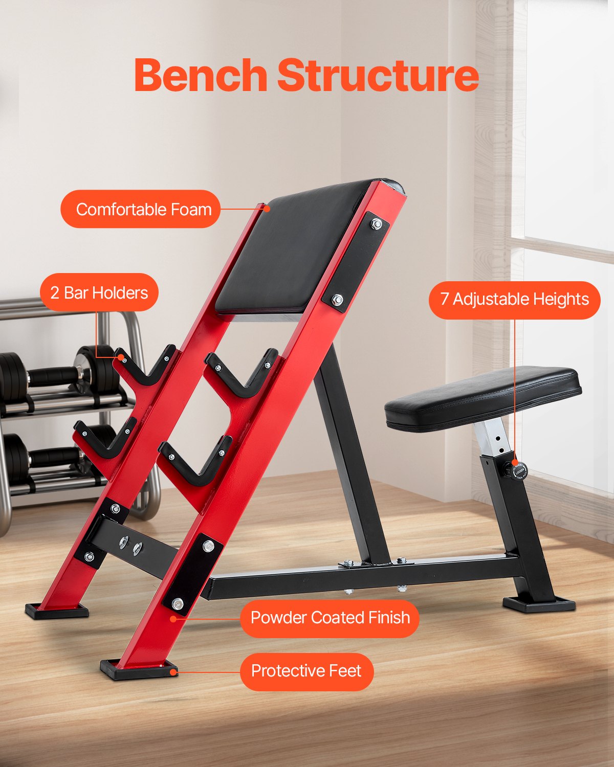 VEVOR Preacher Curl Bench, Strength Training Benches, Max load 660 LBS Home Gym Fitness Equipment, Seated Arm Isolated Barbell Dumbbell Bicep Station, Adjustable Weight Bench with Bar Holders - AXMSYKDJGDBKCAT1TV0 - view 6
