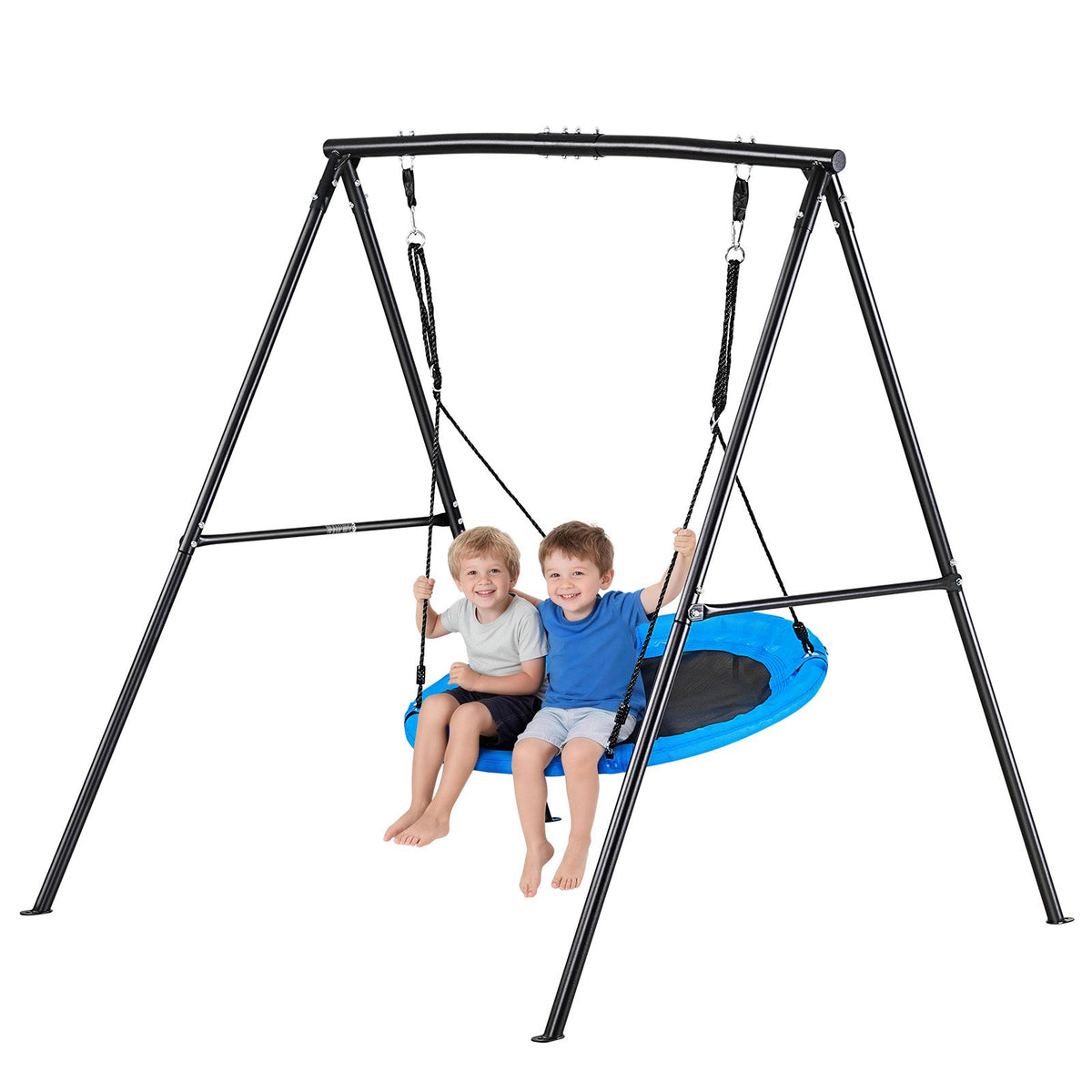 VEVOR Swing Set for Backyard, 40 in Saucer Swing Seat with Heavy Duty A-Frame Metal Stand, 440 lbs Load Capacity, Reinforced with Spiral Ground Anchors, Swingset Outdoor for Kids, Black and Blue - AXQQTZ1RWCGH998PH001V0 - view 1