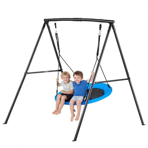 VEVOR Swing Set for Backyard, 40 in Saucer Swing Seat with Heavy Duty A-Frame Metal Stand, 440 lbs Load Capacity, Reinforced with Spiral Ground Anchors, Swingset Outdoor for Kids, Black and Blue - AXQQTZ1RWCGH998PH001V0 - view 2