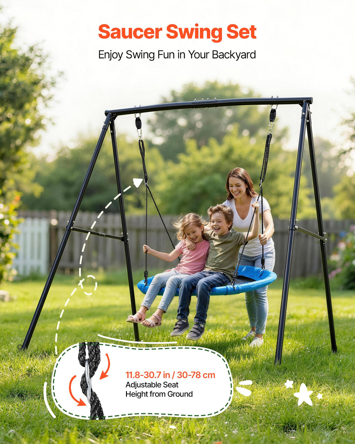 VEVOR Swing Set for Backyard, 40 in Saucer Swing Seat with Heavy Duty A-Frame Metal Stand, 440 lbs Load Capacity, Reinforced with Spiral Ground Anchors, Swingset Outdoor for Kids, Black and Blue - AXQQTZ1RWCGH998PH001V0 - view 3