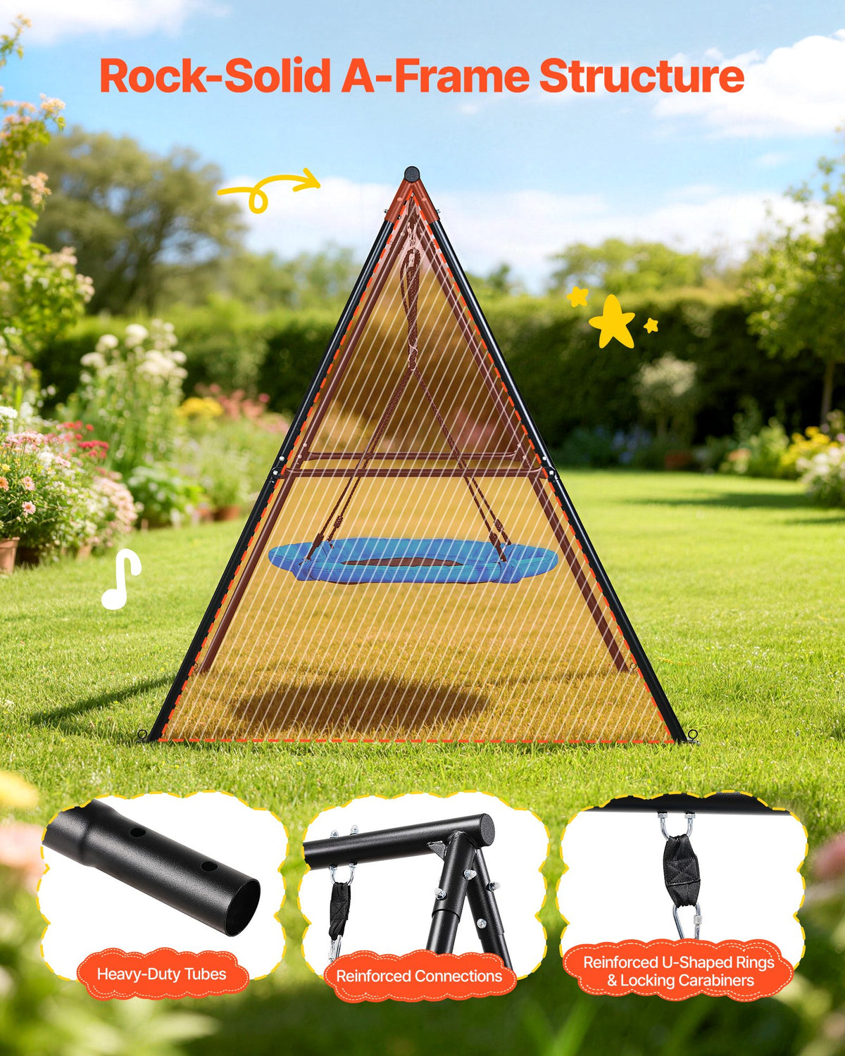 VEVOR Swing Set for Backyard, 40 in Saucer Swing Seat with Heavy Duty A-Frame Metal Stand, 440 lbs Load Capacity, Reinforced with Spiral Ground Anchors, Swingset Outdoor for Kids, Black and Blue - AXQQTZ1RWCGH998PH001V0 - view 4