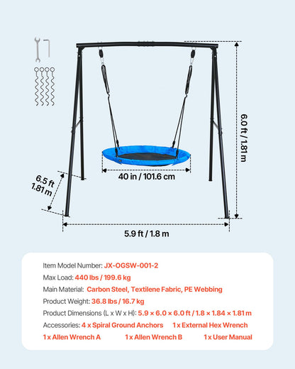 VEVOR Swing Set for Backyard, 40 in Saucer Swing Seat with Heavy Duty A-Frame Metal Stand, 440 lbs Load Capacity, Reinforced with Spiral Ground Anchors, Swingset Outdoor for Kids, Black and Blue - AXQQTZ1RWCGH998PH001V0 - view 8