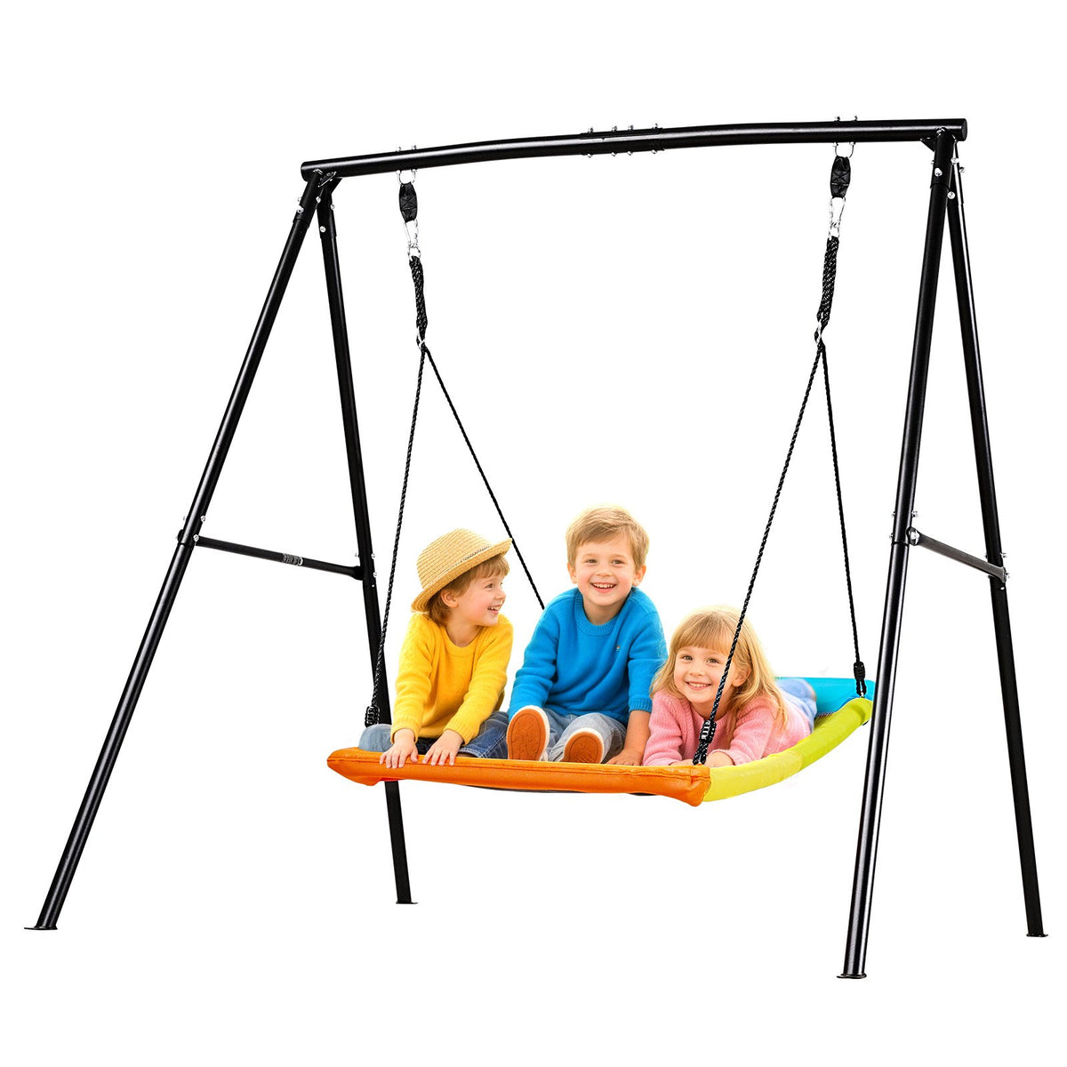 VEVOR Swing Set for Backyard, 60 x 32 in Swing Seat with Heavy Duty A-Frame Metal Stand, 440 lbs Load Capacity, Reinforced with Spiral Ground Anchors, Swingset Outdoor for Kids, Black and Colorful - AXQQTZ1RWCGHWRPSE001V0 - view 1