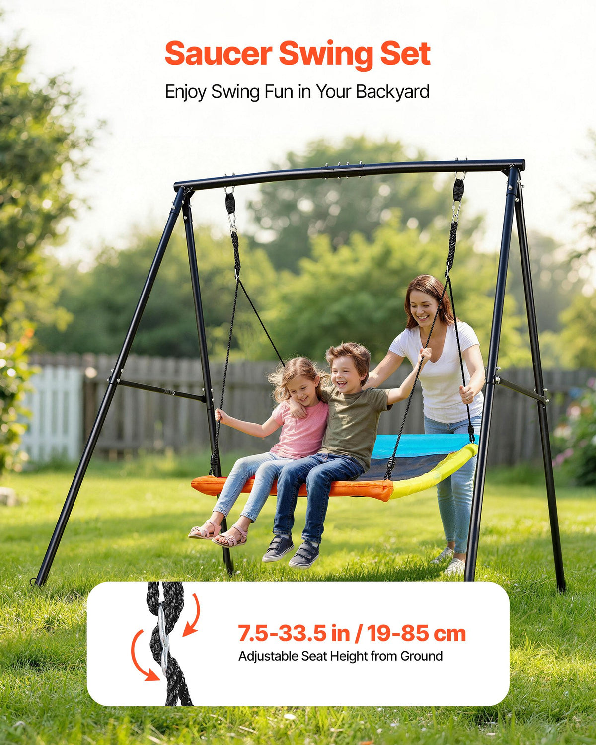 VEVOR Swing Set for Backyard, 60 x 32 in Swing Seat with Heavy Duty A-Frame Metal Stand, 440 lbs Load Capacity, Reinforced with Spiral Ground Anchors, Swingset Outdoor for Kids, Black and Colorful - AXQQTZ1RWCGHWRPSE001V0 - view 3