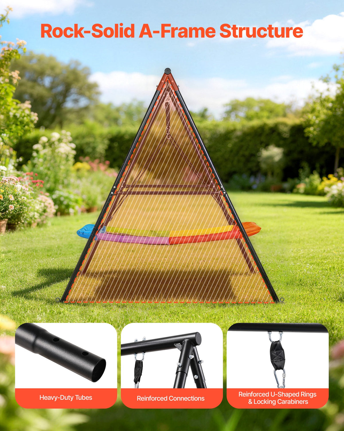 VEVOR Swing Set for Backyard, 60 x 32 in Swing Seat with Heavy Duty A-Frame Metal Stand, 440 lbs Load Capacity, Reinforced with Spiral Ground Anchors, Swingset Outdoor for Kids, Black and Colorful - AXQQTZ1RWCGHWRPSE001V0 - view 4
