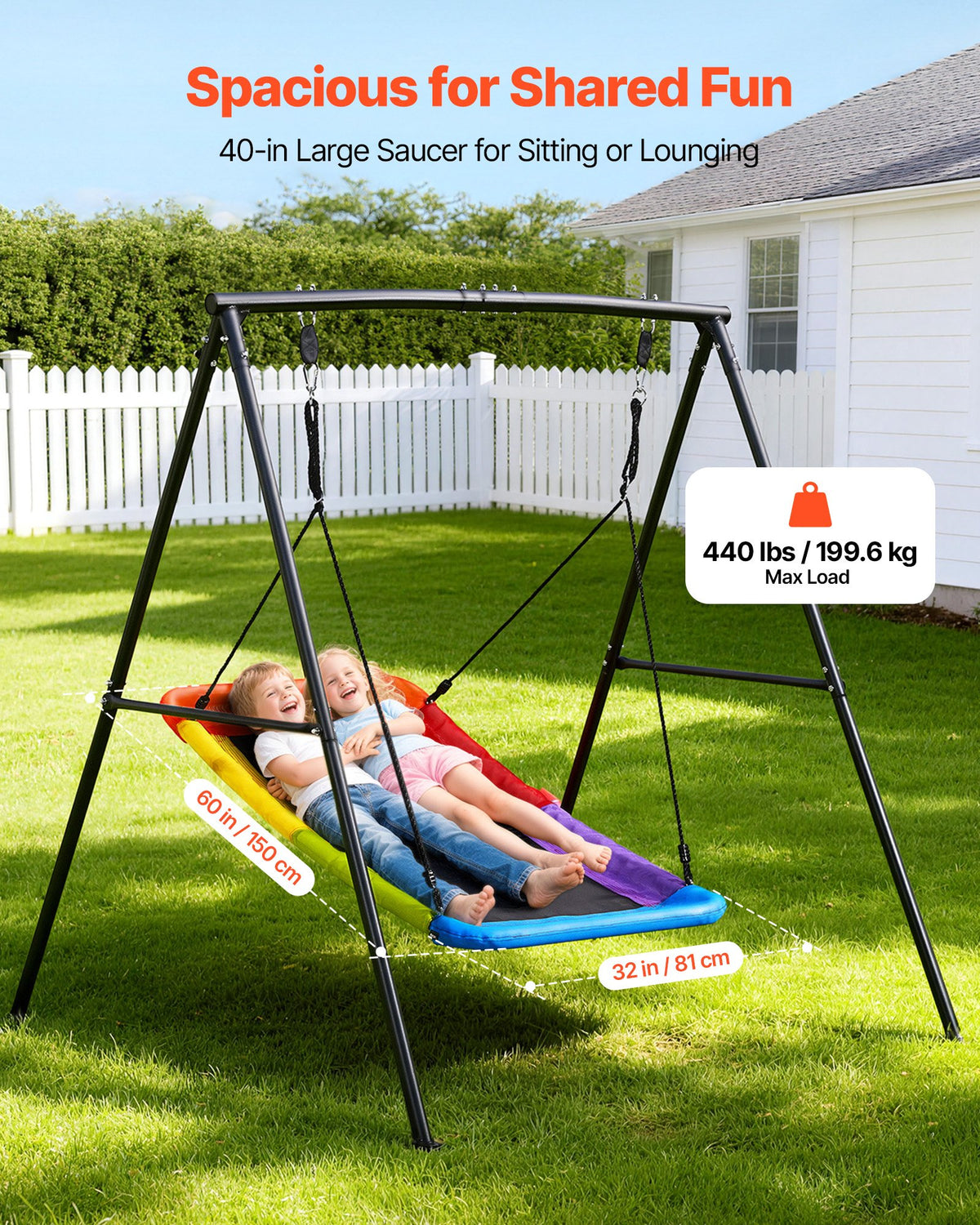 VEVOR Swing Set for Backyard, 60 x 32 in Swing Seat with Heavy Duty A-Frame Metal Stand, 440 lbs Load Capacity, Reinforced with Spiral Ground Anchors, Swingset Outdoor for Kids, Black and Colorful - AXQQTZ1RWCGHWRPSE001V0 - view 5