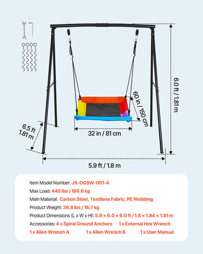 VEVOR Swing Set for Backyard, 60 x 32 in Swing Seat with Heavy Duty A-Frame Metal Stand, 440 lbs Load Capacity, Reinforced with Spiral Ground Anchors, Swingset Outdoor for Kids, Black and Colorful - AXQQTZ1RWCGHWRPSE001V0 - view 8