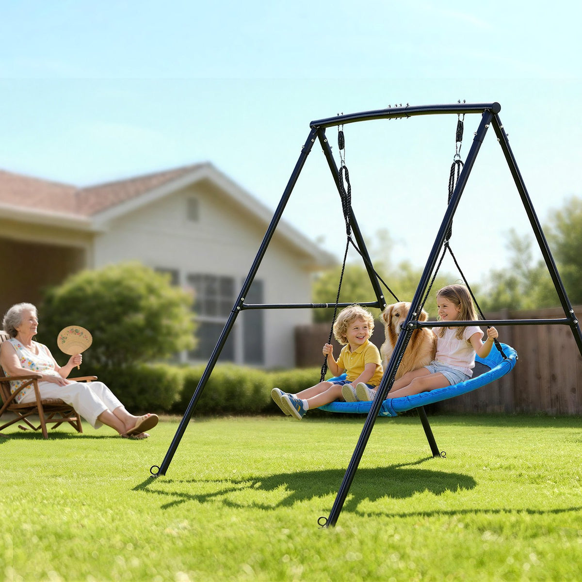 VEVOR Swing Set for Backyard, 60 x 32 in Swing Seat with Heavy Duty A-Frame Metal Stand, 440 lbs Load Capacity, Reinforced with Spiral Ground Anchors, Swingset Outdoor for Kids, Black and Colorful - AXQQTZ1RWCGHWRPSE001V0 - view 9