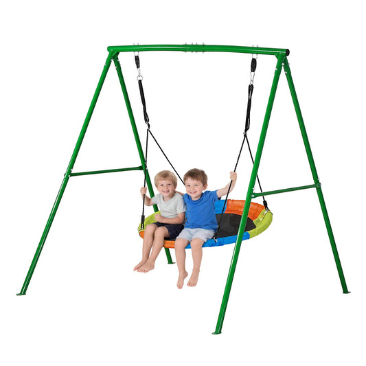 VEVOR Swing Set for Backyard, 40 in Saucer Swing Seat with Heavy Duty A-Frame Metal Stand, 440 lbs Load Capacity, Reinforced with Spiral Ground Anchors, Swingset Outdoor for Kids, Green and Colorful - AXQQTZ1RWCGLL6D84001V0 - view 1