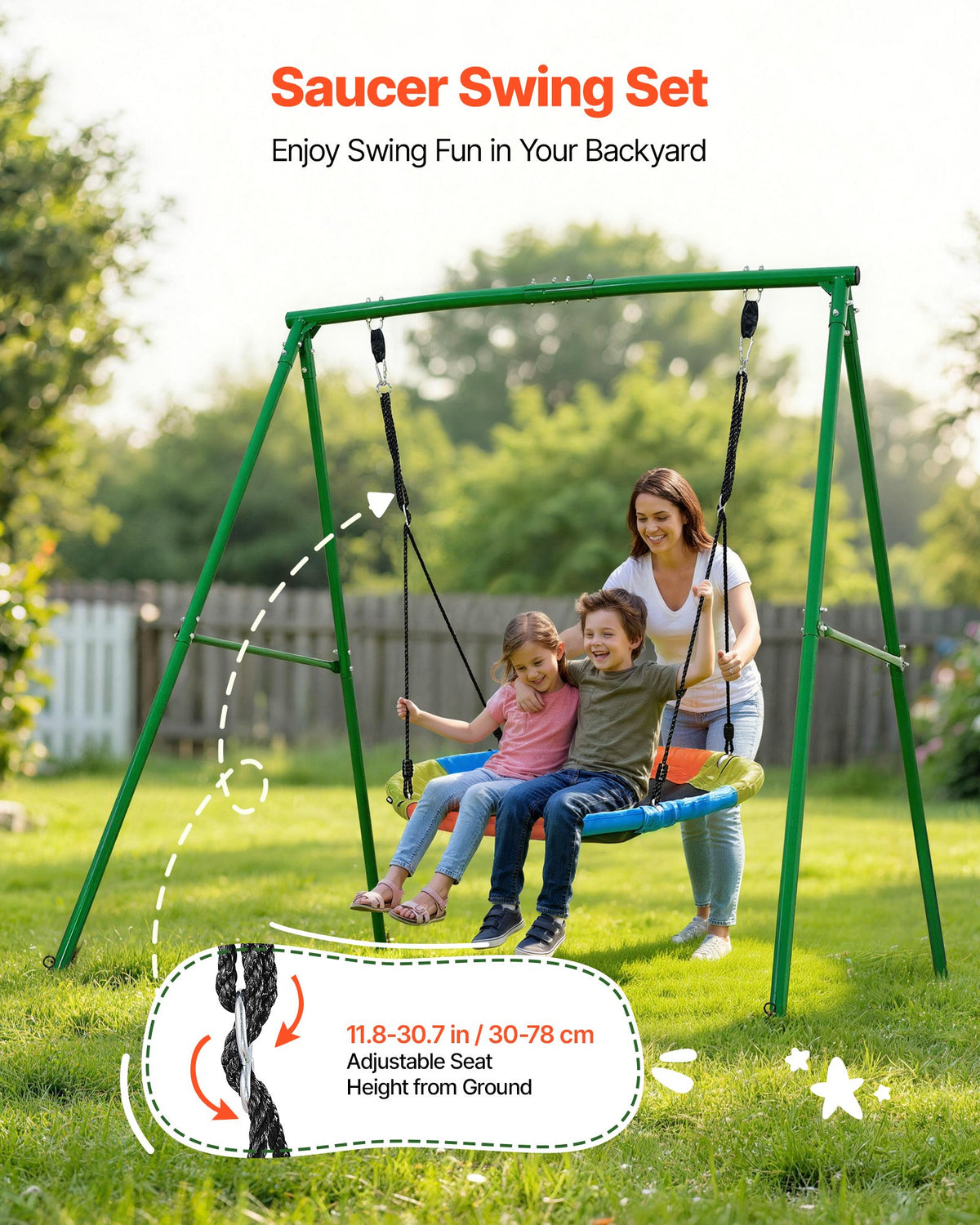 VEVOR Swing Set for Backyard, 40 in Saucer Swing Seat with Heavy Duty A-Frame Metal Stand, 440 lbs Load Capacity, Reinforced with Spiral Ground Anchors, Swingset Outdoor for Kids, Green and Colorful - AXQQTZ1RWCGLL6D84001V0 - view 3