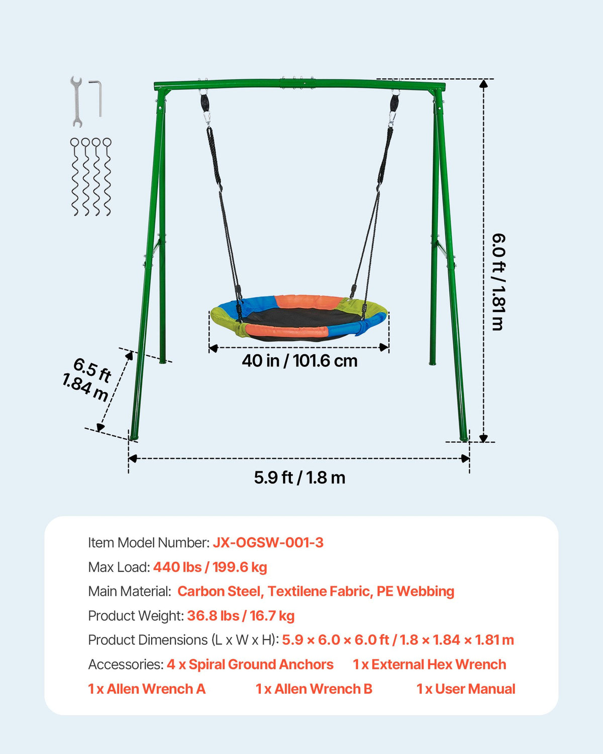 VEVOR Swing Set for Backyard, 40 in Saucer Swing Seat with Heavy Duty A-Frame Metal Stand, 440 lbs Load Capacity, Reinforced with Spiral Ground Anchors, Swingset Outdoor for Kids, Green and Colorful - AXQQTZ1RWCGLL6D84001V0 - view 8