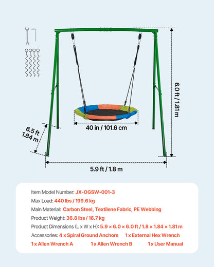 VEVOR Swing Set for Backyard, 40 in Saucer Swing Seat with Heavy Duty A-Frame Metal Stand, 440 lbs Load Capacity, Reinforced with Spiral Ground Anchors, Swingset Outdoor for Kids, Green and Colorful - AXQQTZ1RWCGLL6D84001V0 - view 8