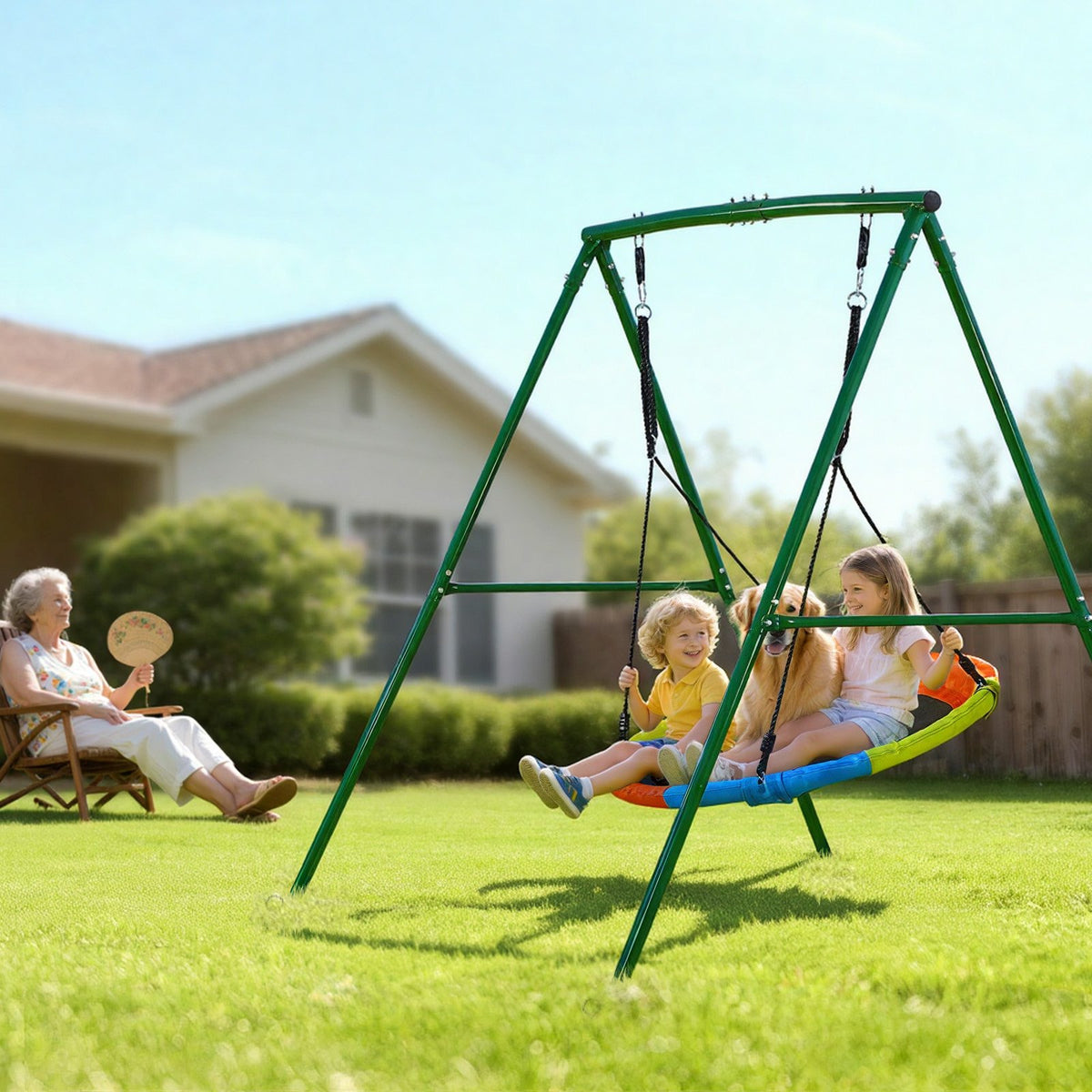 VEVOR Swing Set for Backyard, 40 in Saucer Swing Seat with Heavy Duty A-Frame Metal Stand, 440 lbs Load Capacity, Reinforced with Spiral Ground Anchors, Swingset Outdoor for Kids, Green and Colorful - AXQQTZ1RWCGLL6D84001V0 - view 9
