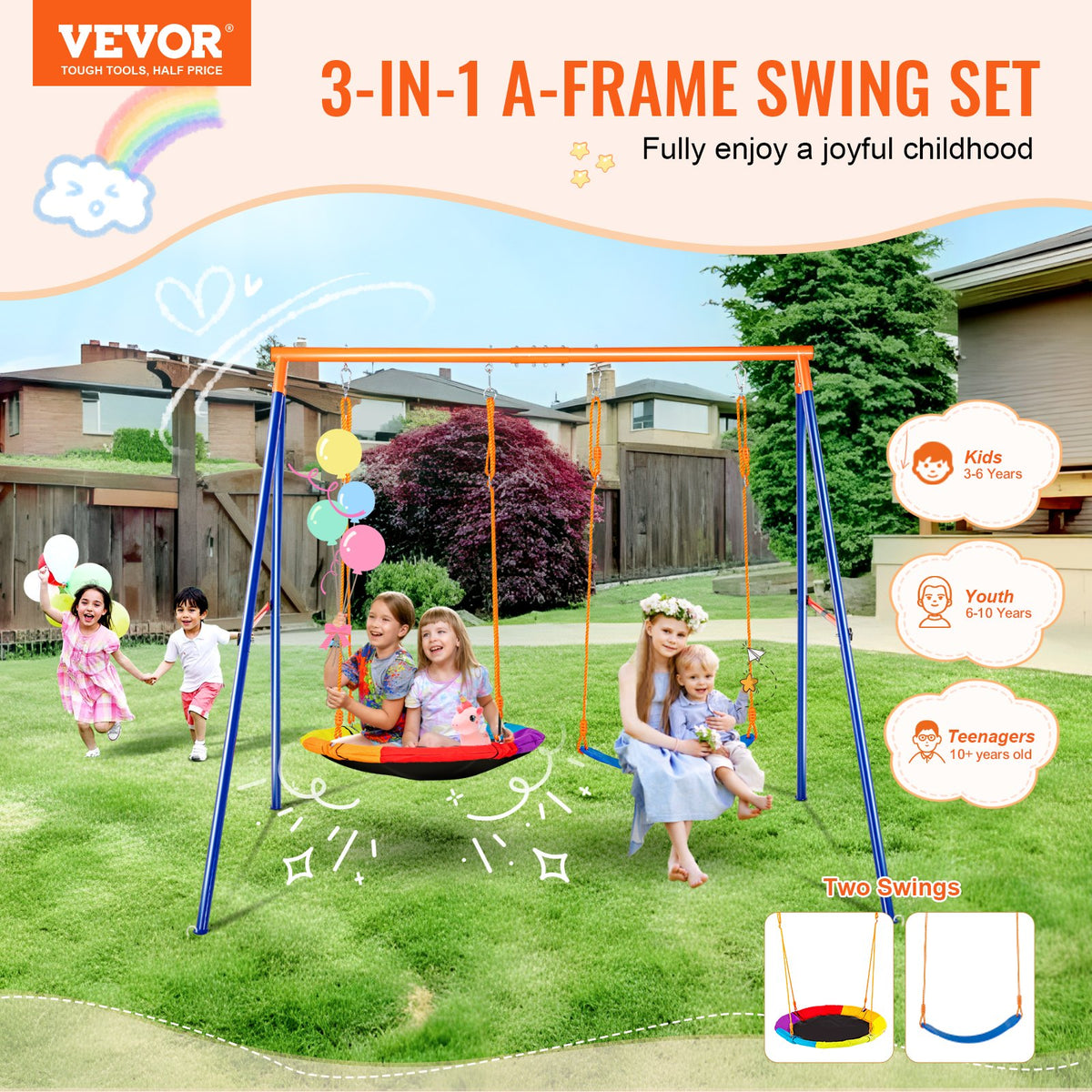 VEVOR Swing Sets for Backyard, 440lbs Load Capacity Swing Set, with 1 Saucer Swing Seat, 1 Belt Swing Seat, Heavy Duty A-Frame Metal Swing Stand and Adjustable Rope, Swingset Outdoor for Kids - AXQQTZ2RW000VMH9NV0 - view 3
