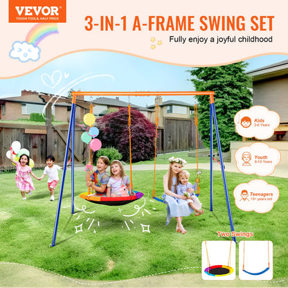 VEVOR Swing Sets for Backyard, 440lbs Load Capacity Swing Set, with 1 Saucer Swing Seat, 1 Belt Swing Seat, Heavy Duty A-Frame Metal Swing Stand and Adjustable Rope, Swingset Outdoor for Kids - AXQQTZ2RW000VMH9NV0 - view 3