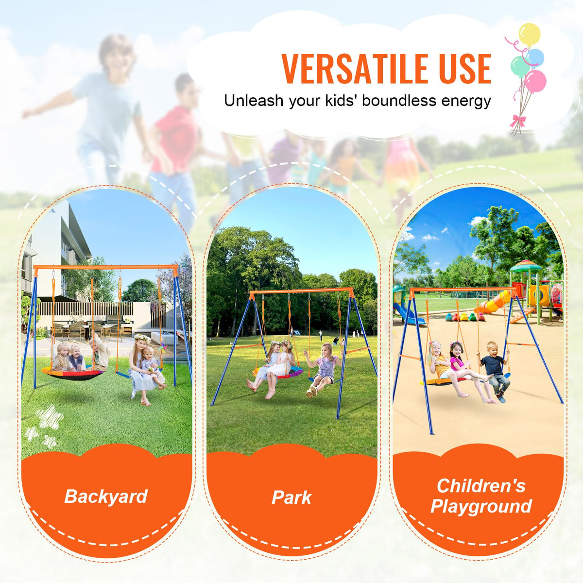 VEVOR Swing Sets for Backyard, 440lbs Load Capacity Swing Set, with 1 Saucer Swing Seat, 1 Belt Swing Seat, Heavy Duty A-Frame Metal Swing Stand and Adjustable Rope, Swingset Outdoor for Kids - AXQQTZ2RW000VMH9NV0 - view 7