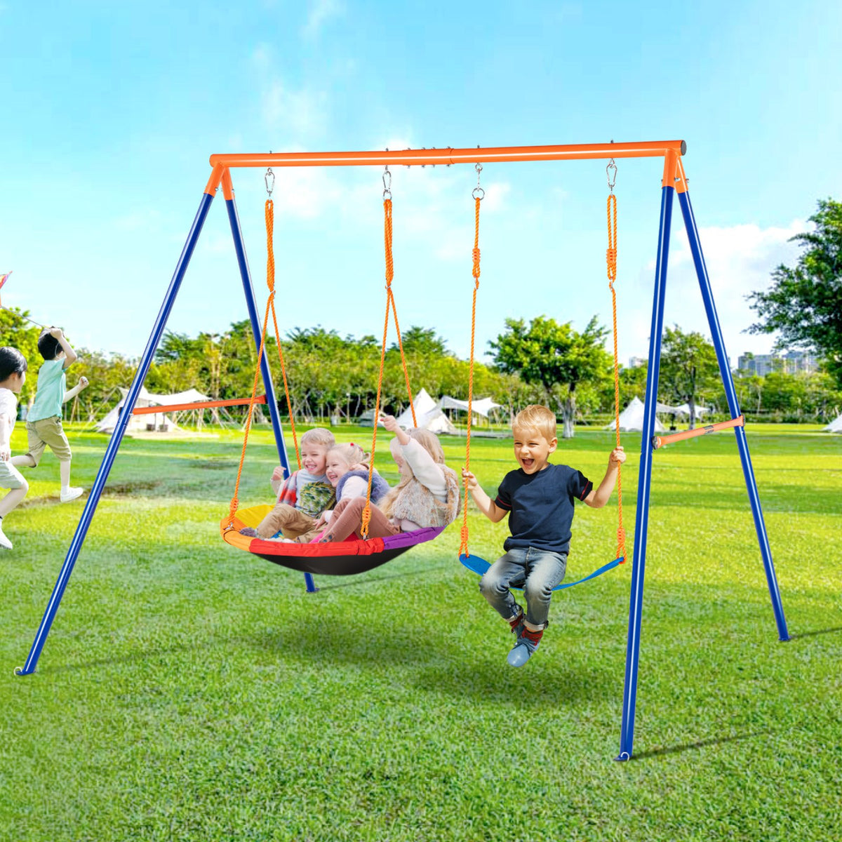 VEVOR Swing Sets for Backyard, 440lbs Load Capacity Swing Set, with 1 Saucer Swing Seat, 1 Belt Swing Seat, Heavy Duty A-Frame Metal Swing Stand and Adjustable Rope, Swingset Outdoor for Kids - AXQQTZ2RW000VMH9NV0 - view 9