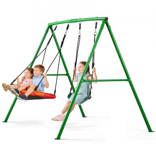 VEVOR Swing Set for Backyard, 32 in Saucer Swing Seat and Belt Seat, with Heavy Duty A-Frame Metal Stand, 440 lbs Load Capacity, Reinforced with Spiral Ground Anchors, Swingset Outdoor for Kids - AXQQTZ2RWCGL2KT8O001V0 - view 2